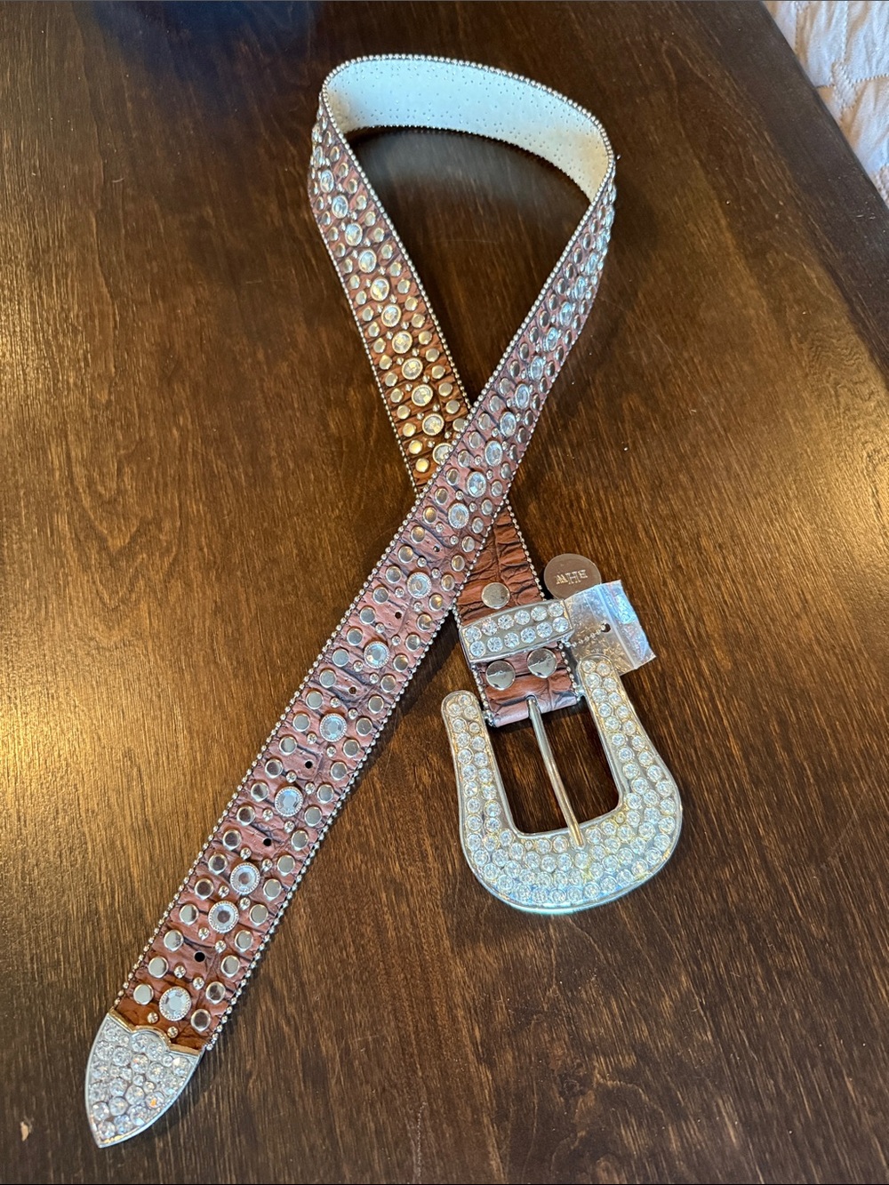 Crystal-Embellished Brown Leather Belt with Rhinestone Buckle